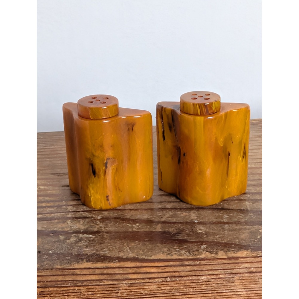 Vintage Amber Swirl Lucite Acrylic Salt & Pepper Shakers Mid Century Modern MCM